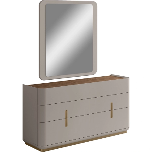 Aurelia Dresser & Mirror Set in Light Grey, Walnut & Brushed Bronze